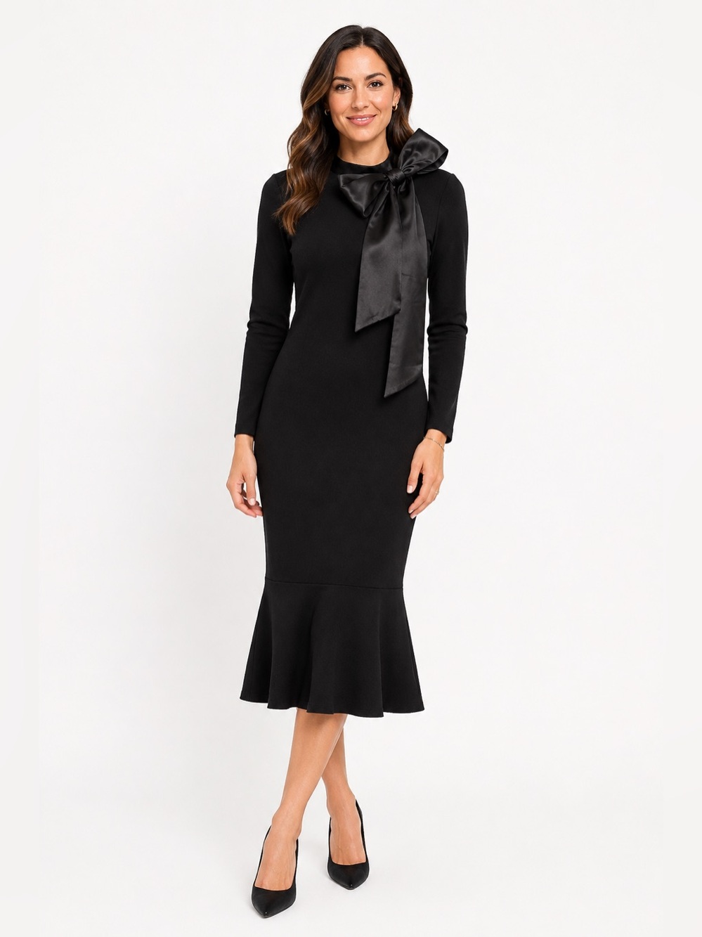 Antonio Melani Black Satin Bow Mermaid Midi Dress Size Small